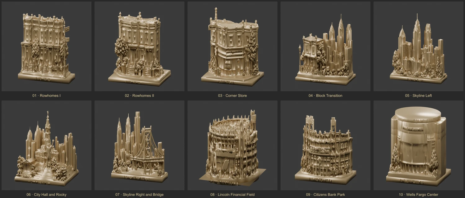 All ten Philadelphia architectural reliefs arranged as a collection